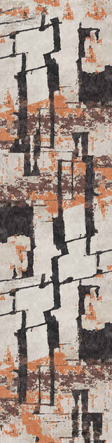 The Heirloom Touch - Washable Rug - JRN42 features an abstract pattern of irregular black, rust-orange, and beige shapes with a distressed look—ideal as a modern, versatile flat weave rug for contemporary interiors.