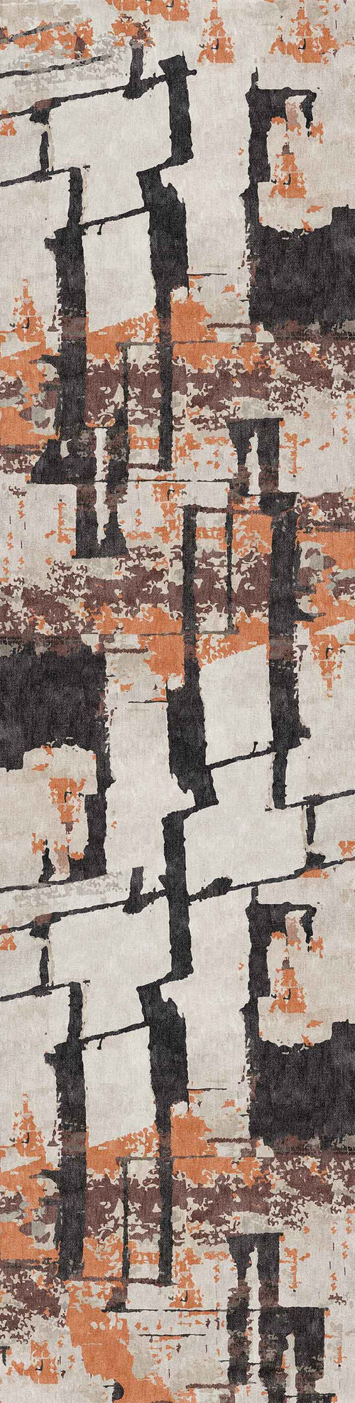 Load image 1 in gallery view. The Heirloom Touch - Washable Rug - JRN42 (Custom Size) features irregular black, rust orange, and beige brushstrokes in a dynamic distressed pattern on a light background—ideal for high-traffic areas.