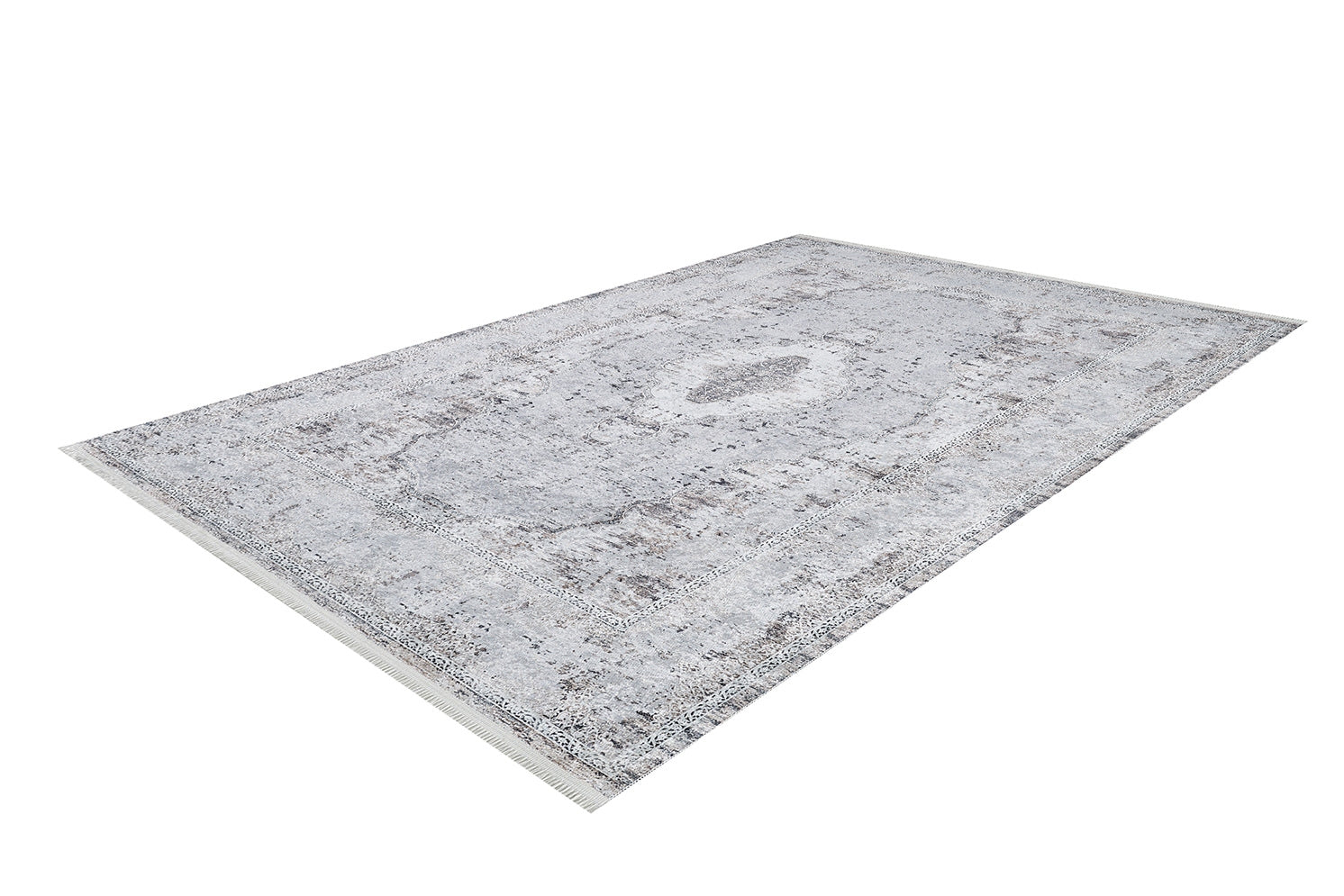 The Heritage Jewel - Washable Rug - JR1778 (Custom Size) is a rectangular gray-anthracite rug with a subtle, distressed light gray pattern, faint central medallion, and fringed edges. Perfect for high-traffic areas, shown against a white background.