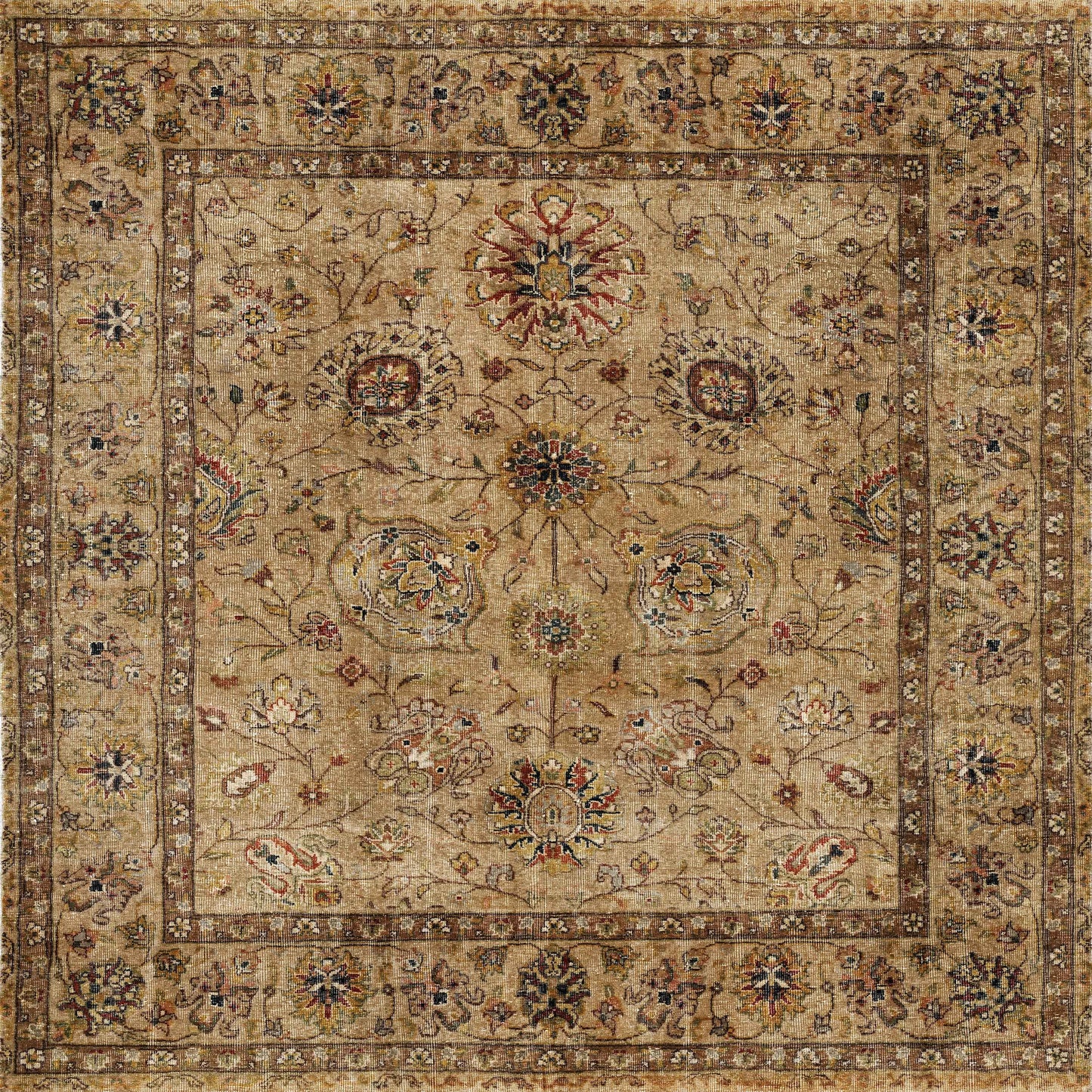 The Heritage Threads - Washable Rug - JRN1007 features an ornate rectangular design with intricate floral and vine patterns in brown, beige, red, blue, and green—ideal for adding a traditional touch to any space.