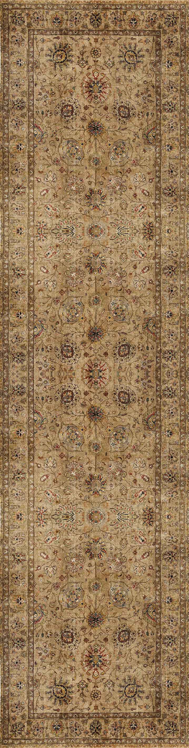 The Heritage Threads - Washable Rug - JRN1007 features a long, rectangular shape with a bordered design, intricate floral and geometric patterns in beige, brown, and muted red—ideal for traditional interiors and easy to clean.