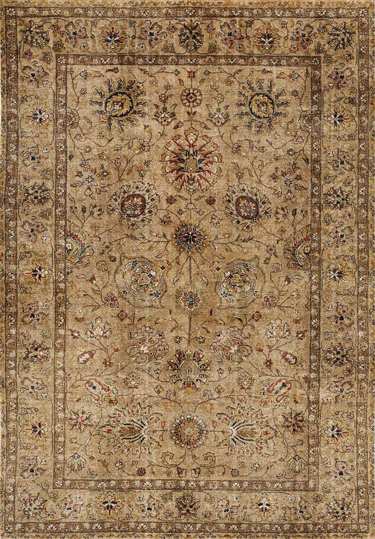 The Heritage Threads - Washable Rug - JRN1007 (Custom Size) features an intricate Persian-inspired floral pattern in beige, brown, and muted reds and blues. Its ornate, symmetrical Oriental design enhances any high-traffic space with timeless elegance.