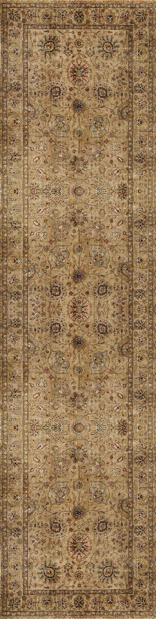 Load image 1 in gallery view. The Heritage Threads - Washable Rug - JRN1007 (Custom Size) features a long, rectangular design with intricate brown, gold, beige, and muted red floral and geometric patterns—perfect for high-traffic areas.