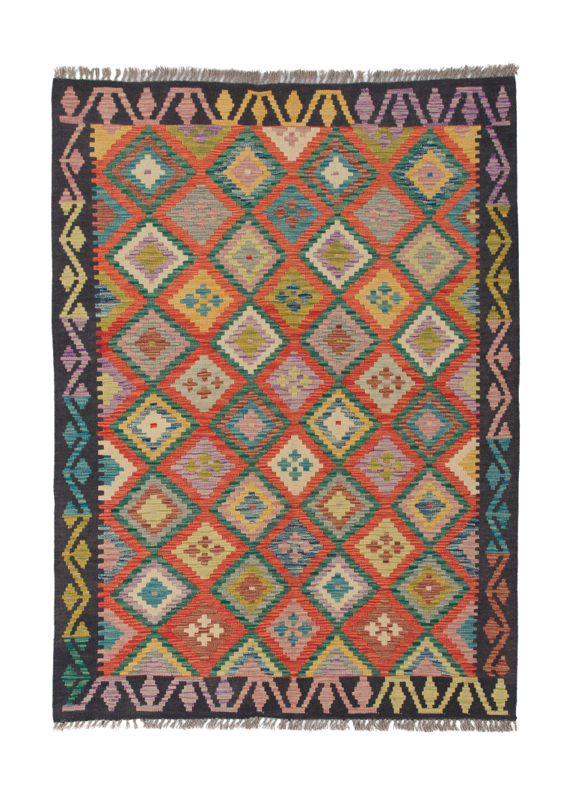 The Heritage Weave - Handwoven Kilim is a colorful wool rug with vibrant diamond patterns in red, yellow, blue, green, and orange and a geometric border in black, purple, yellow, and pink. This flatweave features handwoven craftsmanship and fringed edges.
