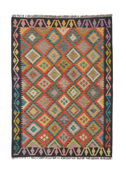 Load image 1 in gallery view. The Heritage Weave - Handwoven Kilim is a colorful wool rug with vibrant diamond patterns in red, yellow, blue, green, and orange and a geometric border in black, purple, yellow, and pink. This flatweave features handwoven craftsmanship and fringed edges.