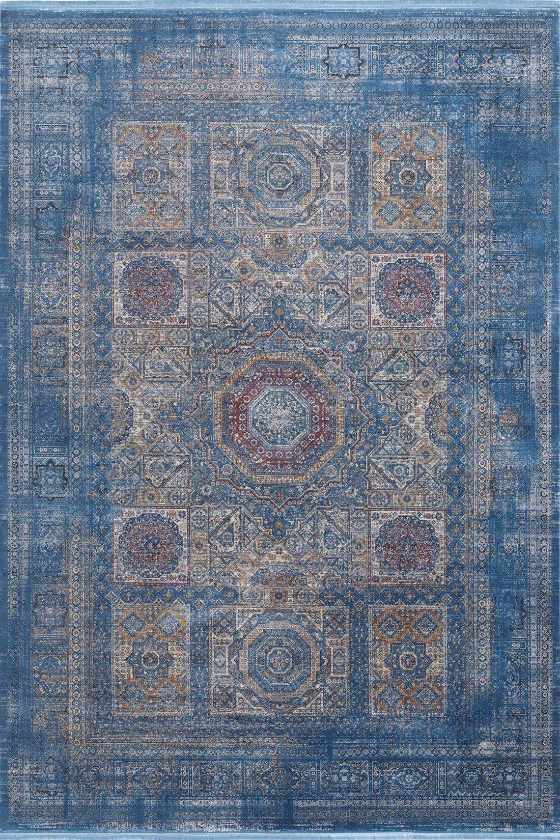 The Hidden Treasures Turkish Rug - Azure - 2223B is a durable machine-made rectangular rug with blue, cream, and rusty red geometric and floral patterns, featuring a central medallion and ornate symmetrical borders.