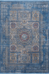 The Hidden Treasures Turkish Rug - Azure - 2223B is a durable machine-made rectangular rug with blue, cream, and rusty red geometric and floral patterns, featuring a central medallion and ornate symmetrical borders.