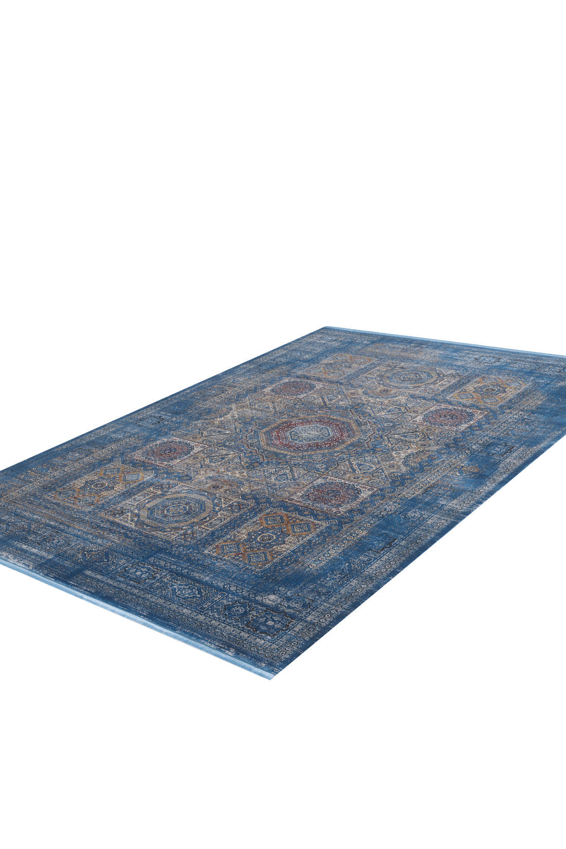 The Hidden Treasures Turkish Rug - Azure - 2223B is a large, rectangular machine-made rug featuring an intricate traditional pattern in blue, brown, and beige, shown on a white background.