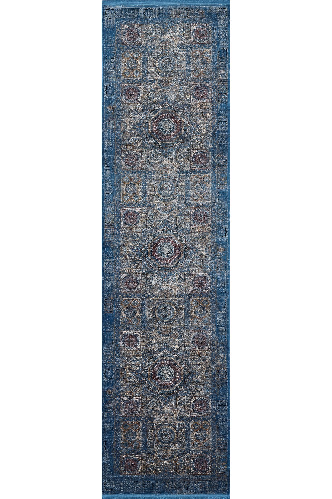 The Hidden Treasures Turkish Rug - Azure - 2223B is a rectangular runner featuring a distressed geometric and floral pattern in blue, gray, and muted reds with a dark blue border. This machine-made rug combines style with lasting durability.