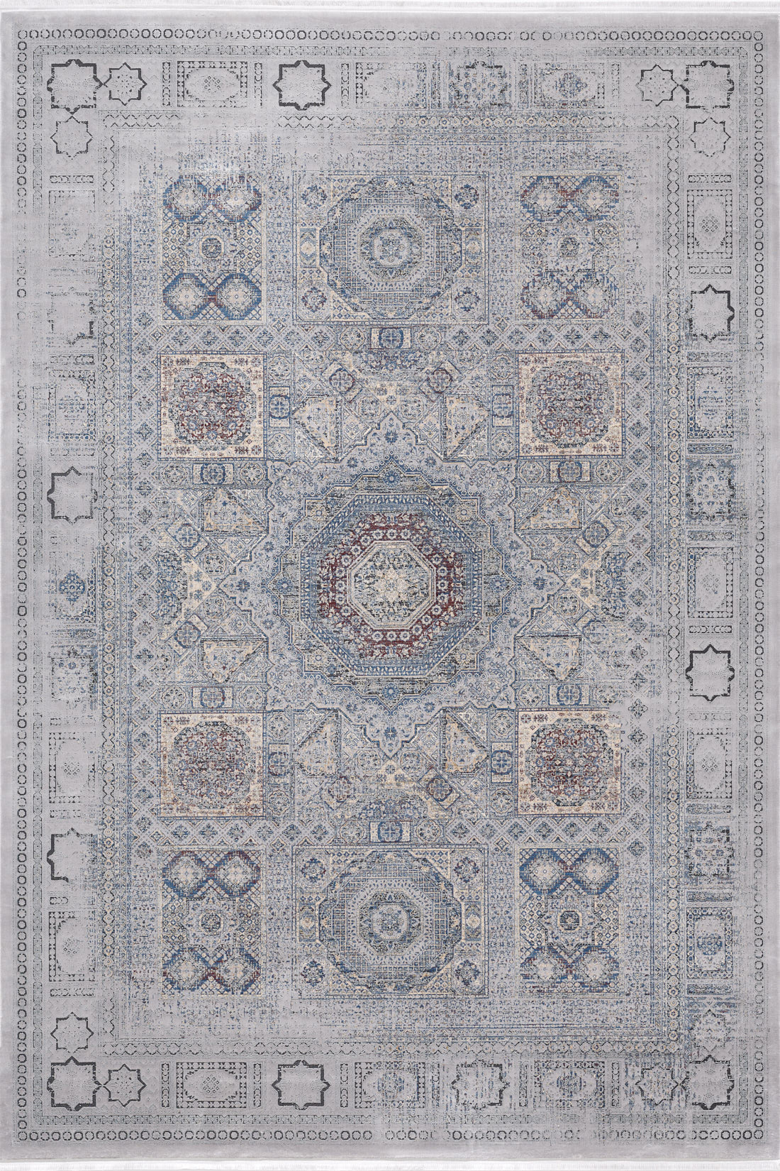 The Hidden Treasures Turkish Rug - Smoky - 2223C features a rectangular shape with intricate geometric and floral patterns in muted blue, gray, and beige tones, centered by a medallion and framed with a decorative border.