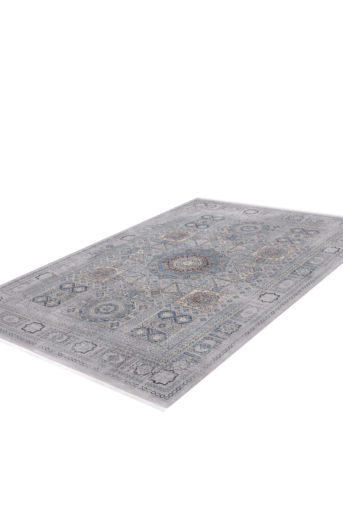 The Hidden Treasures Turkish Rug - Smoky - 2223C is a rectangular machine-made rug featuring an intricate traditional pattern in muted blue, gray, and beige tones, shown on a white background.