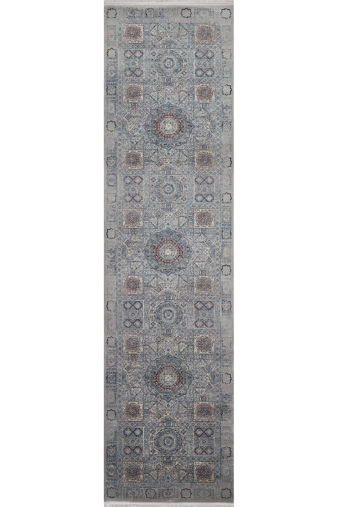 The Hidden Treasures Turkish Rug - Smoky - 2223C is a rectangular, narrow runner featuring intricate geometric and floral designs in blue, gray, and rust tones for a sophisticated look.