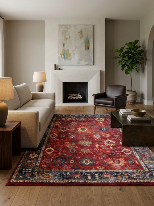 Load image 1 in gallery view. A modern living room features a beige sofa, brown armchair, and wooden coffee table atop the Historic Hues - Washable Rug - JR898, perfect for high-traffic areas. A fireplace with abstract art, a potted plant, and ample natural light complete the space.