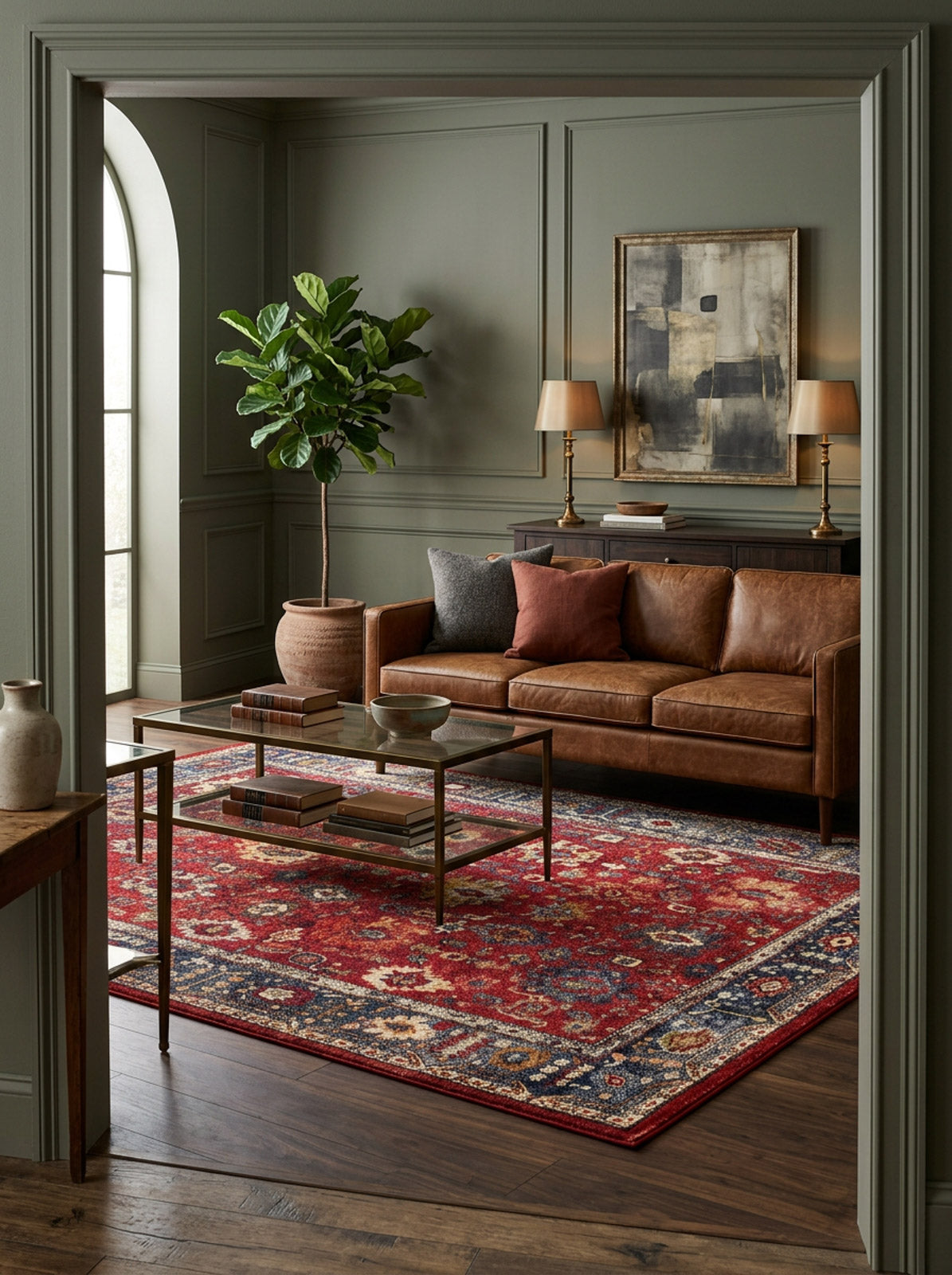A stylish living room with green walls, a brown leather sofa, glass coffee table, large potted plant, modern art, and two table lamps on a dark console features the Historic Hues - Washable Rug - JR898—ideal for high-traffic spaces.