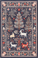 The Holiday Heart Washable Area Rug - MDJ001 has a dark background with stylized trees, flowers, and animals—including a unicorn, deer, and fox—in cream, red, and orange. Its floral border makes it ideal for high-traffic areas.