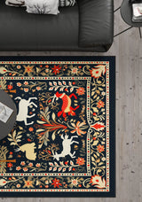 The Holiday Heart Washable Area Rug - MDJ001, featuring vibrant floral and white animal patterns, lies on a light wooden floor by a black leather sofa and round table—durable and perfect for high-traffic areas.