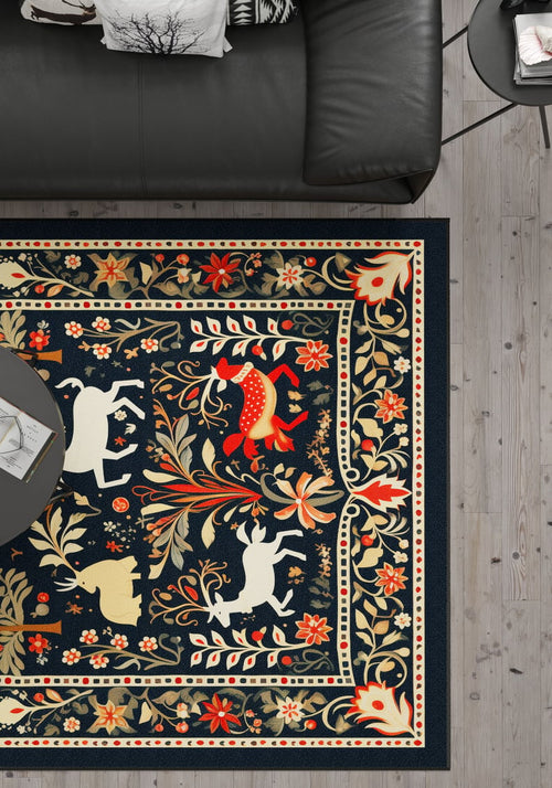 Load image 1 in gallery view. The Holiday Heart Washable Area Rug - MDJ001, featuring vibrant floral and white animal patterns, lies on a light wooden floor by a black leather sofa and round table—durable and perfect for high-traffic areas.