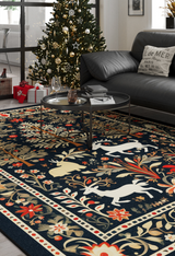 A festive living room with a Christmas tree, gray sofa, and round table. Wrapped gifts sit by large windows as the Holiday Heart Washable Area Rug - MDJ001 with floral and deer designs adds cheer—perfect for high-traffic areas.