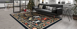A modern living room with light wood floors, a black sofa, the Holiday Heart Washable Area Rug - MDJ001 featuring animal and floral motifs ideal for high-traffic areas, a decorated Christmas tree, and a dining area in the background.