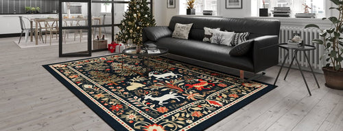 Load image 1 in gallery view. A modern living room with light wood floors, a black sofa, the Holiday Heart Washable Area Rug - MDJ001 featuring animal and floral motifs ideal for high-traffic areas, a decorated Christmas tree, and a dining area in the background.