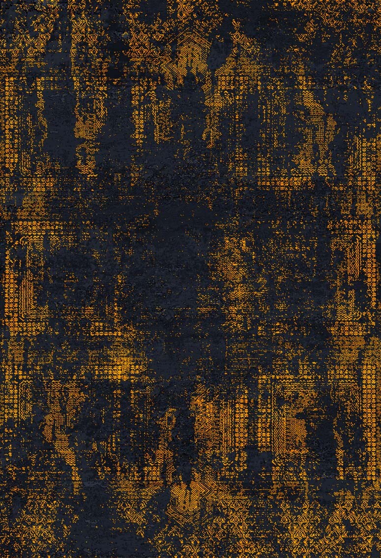 The Hushed Tones - Washable Rug - JR1428 (Custom Size) features golden yellow geometric shapes and faded textures on a dark background, offering a distressed digital look ideal for high-traffic areas with its grungy, irregular appeal.