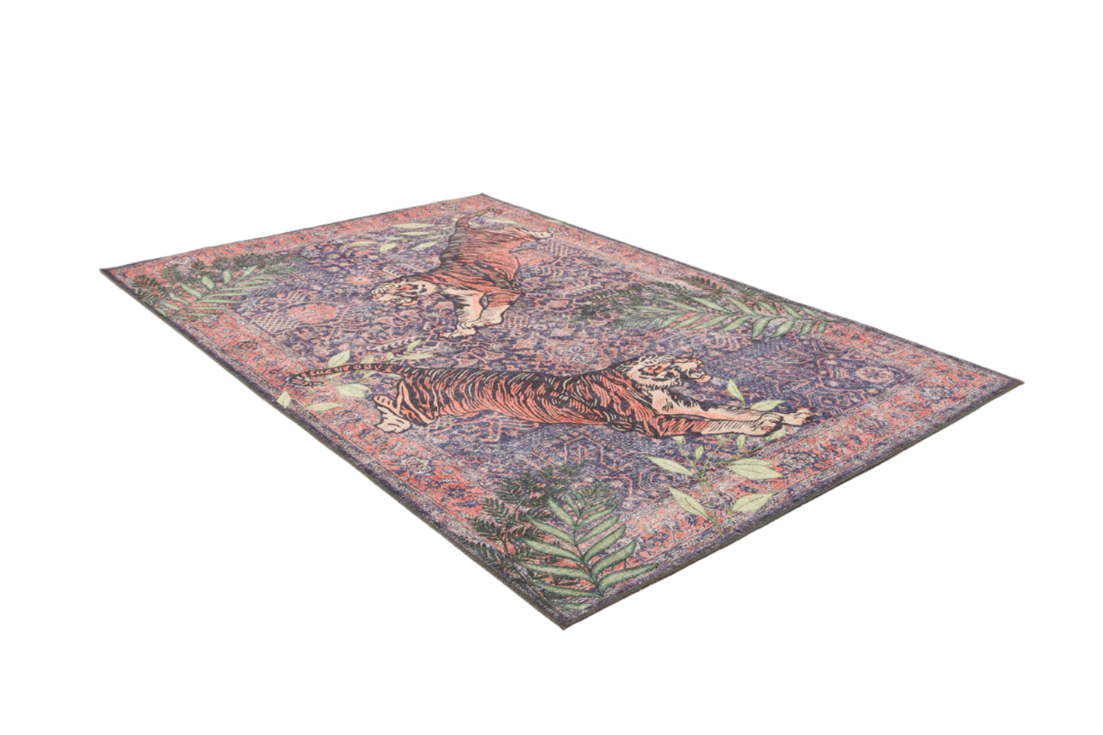 The Stormstripe Echo - Washable Rug (JR0046) features an intricate, colorful geometric pattern with two tigers and green plants on a purple and red background, shown on a white surface.