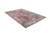 The Stormstripe Echo - Washable Rug (JR0046) features an intricate, colorful geometric pattern with two tigers and green plants on a purple and red background, shown on a white surface.