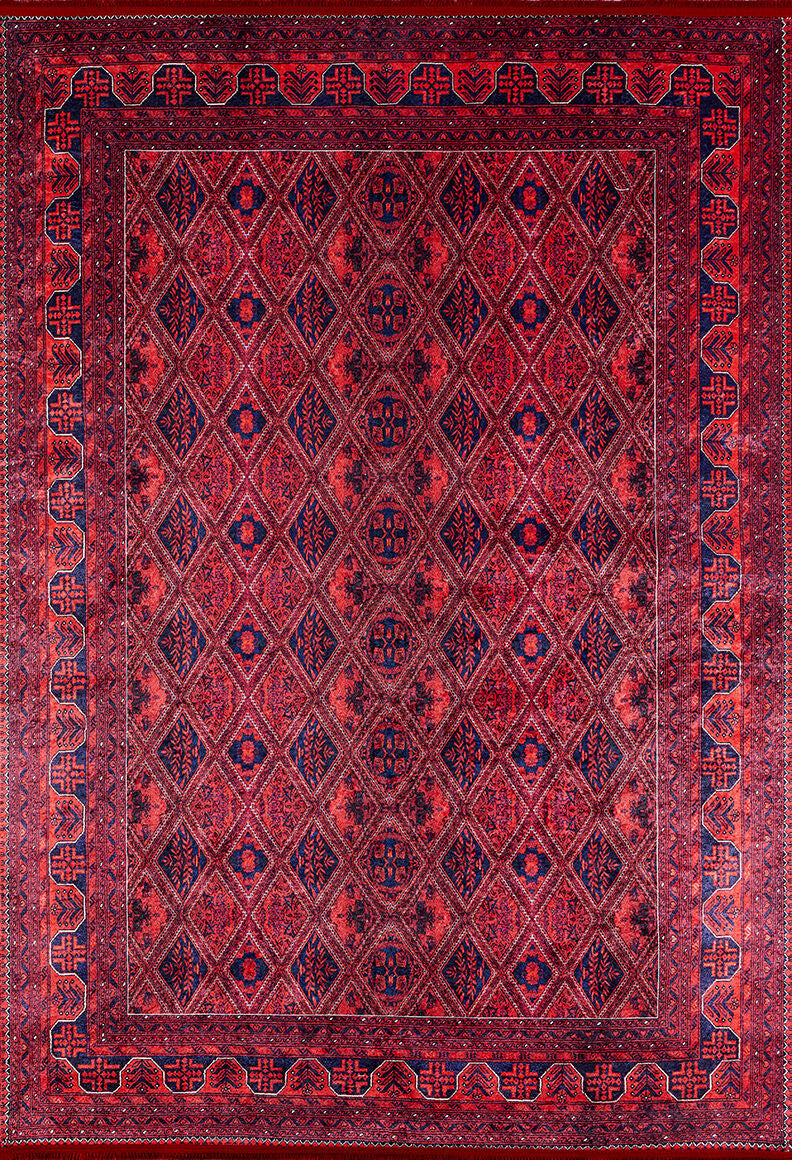 The Imperial Impressions - Washable Rug - JR1132 (Custom Size) features a rich red background with diamond and geometric motifs in deep red and blue, framed by a classic border—perfect for high-traffic areas and effortless cleaning.