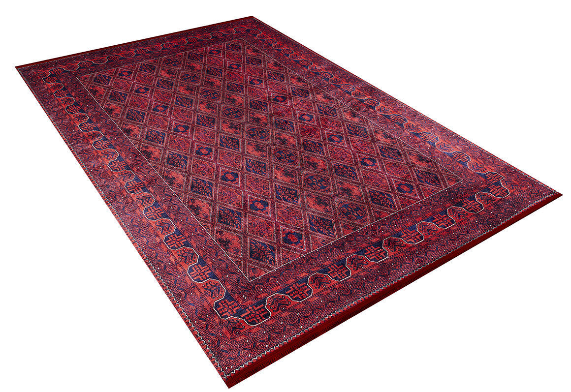 The Imperial Impressions - Washable Rug - JR1132 (Custom Size) features a large red design with diamond patterns and ornate borders, shown angled on a white background—ideal for high-traffic spaces.