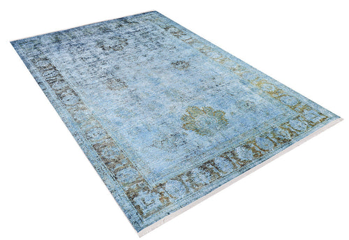 Load image 1 in gallery view. The Imperial Jewel - Washable Rug - JR162 (Custom Size) is a large blue rug with a faded vintage look, ornate patterns, and a decorative border—ideal for allergy-sensitive homes. Shown on a white background.