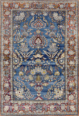 The Imperial Medallion - Washable Rug - JRN1006 features a blue background with intricate Persian-style floral patterns, birds, and vases in cream, red, gold, and brown tones, framed by a detailed red and cream border.