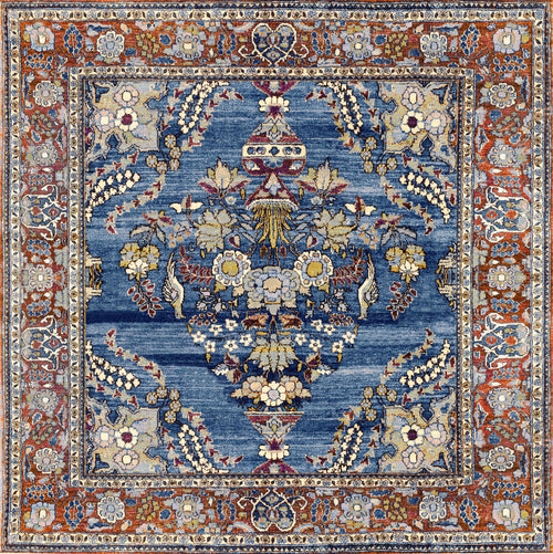 Load image 1 in gallery view. The Imperial Medallion - Washable Rug - JRN1006 is a square Persian-style piece with a rich blue background, detailed floral and vase motifs in gold, white, and red, and a decorative border of geometric and floral designs.