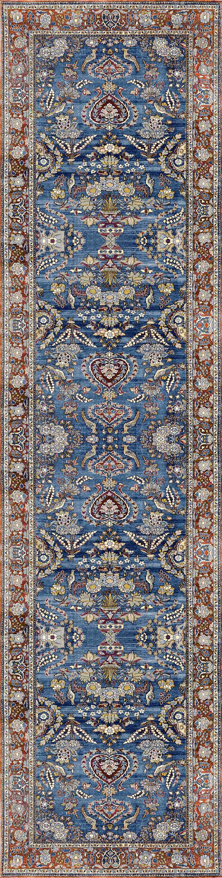 The Imperial Medallion - Washable Rug - JRN1006 is a blue oriental-style flat weave with symmetrical floral and geometric patterns in gold, cream, and burgundy, finished with a detailed red and beige border.