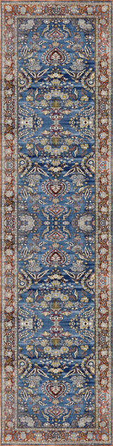 The Imperial Medallion - Washable Rug - JRN1006 is a blue oriental-style flat weave with symmetrical floral and geometric patterns in gold, cream, and burgundy, finished with a detailed red and beige border.