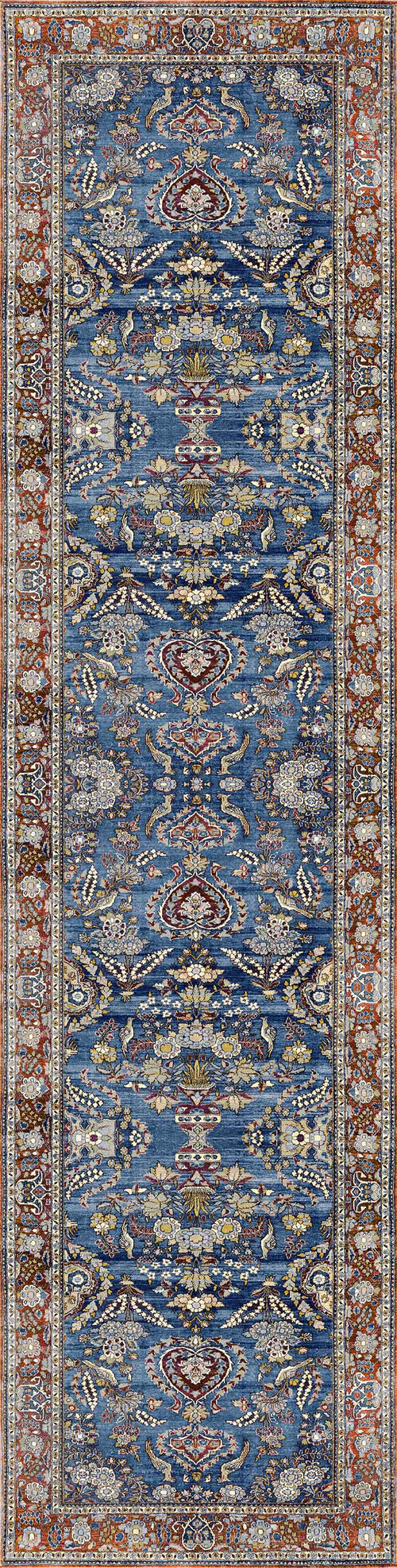 Load image 1 in gallery view. The Imperial Medallion - Washable Rug - JRN1006 is a blue oriental-style flat weave with symmetrical floral and geometric patterns in gold, cream, and burgundy, finished with a detailed red and beige border.