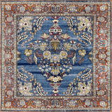 The Imperial Medallion - Washable Rug - JRN1006 (Custom Size) features a blue background with ornate gold, white, and red floral patterns and an outer border of repeating flowers in rust, beige, and blue—classic traditional charm.