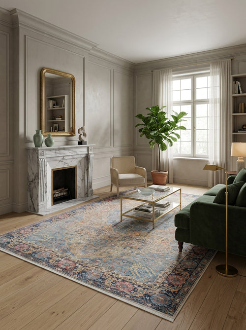 Load image 1 in gallery view. Elegant living room with a marble fireplace, large window, green sofa, armchair, glass coffee table, potted plant, and Imperial Weave - Washable Rug - JR1969—ideal for high-traffic areas—on light wood floors. Neutral walls and soft lighting complete the space.