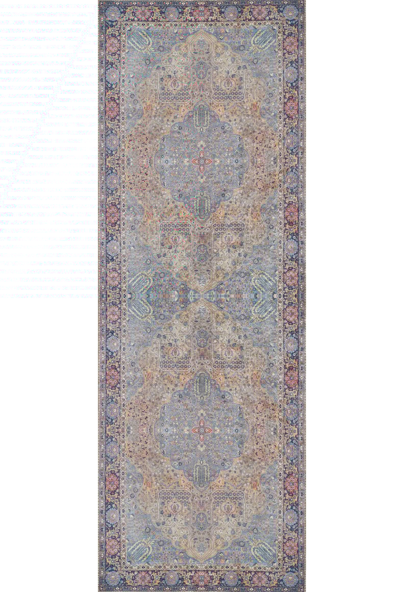 The Imperial Weave - Washable Rug - JR1969 features intricate, symmetrical patterns in soft blue, beige, and pink with ornate borders. This elegant washable rug combines tradition and practicality—perfect for high-traffic areas.