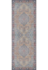 The Imperial Weave - Washable Rug - JR1969 features intricate, symmetrical patterns in soft blue, beige, and pink with ornate borders. This elegant washable rug combines tradition and practicality—perfect for high-traffic areas.