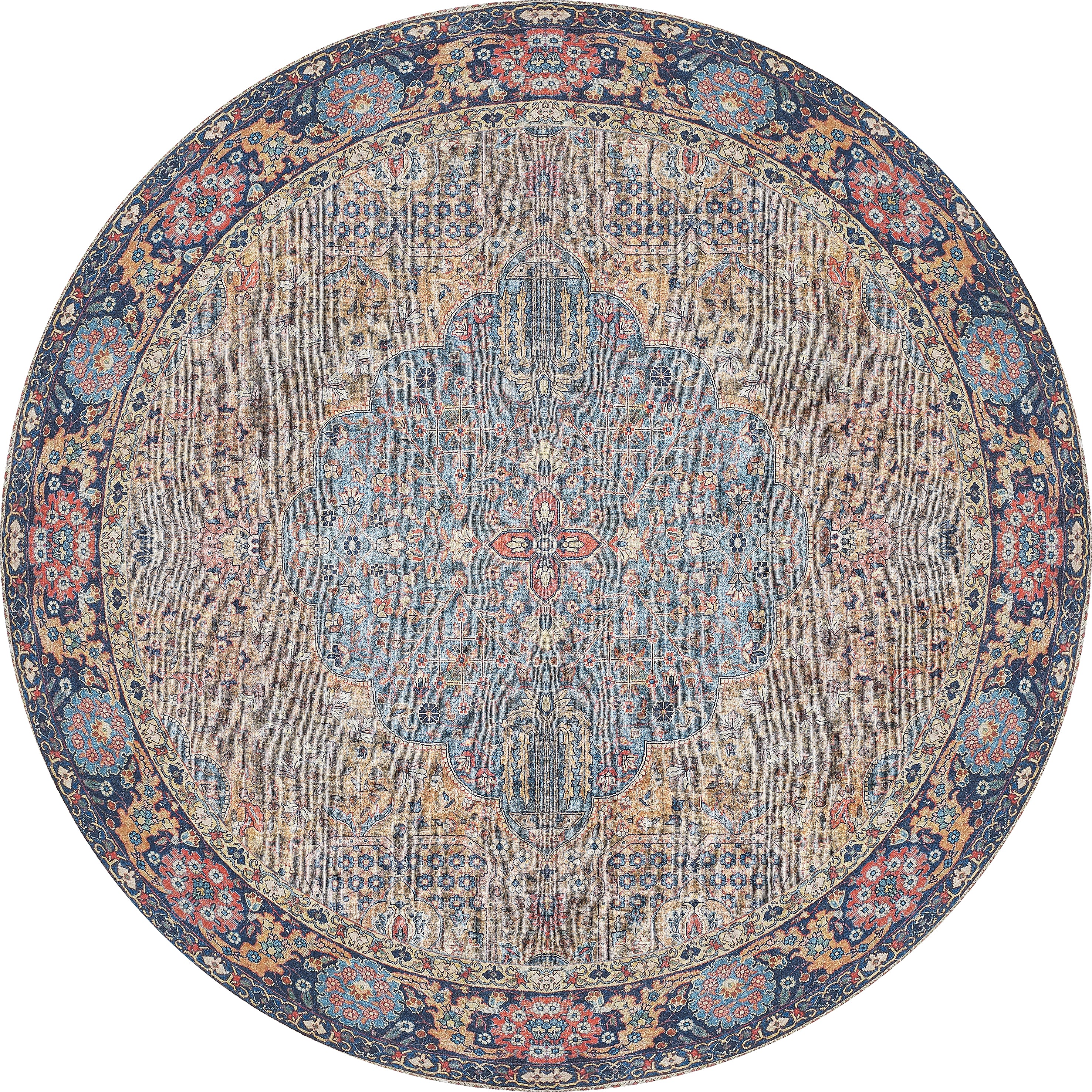 The Imperial Weave - Washable Rug - JR1969 is a round blue rug with beige and red tones, a central medallion, floral details, and a dark ornate border—perfect for high-traffic areas.