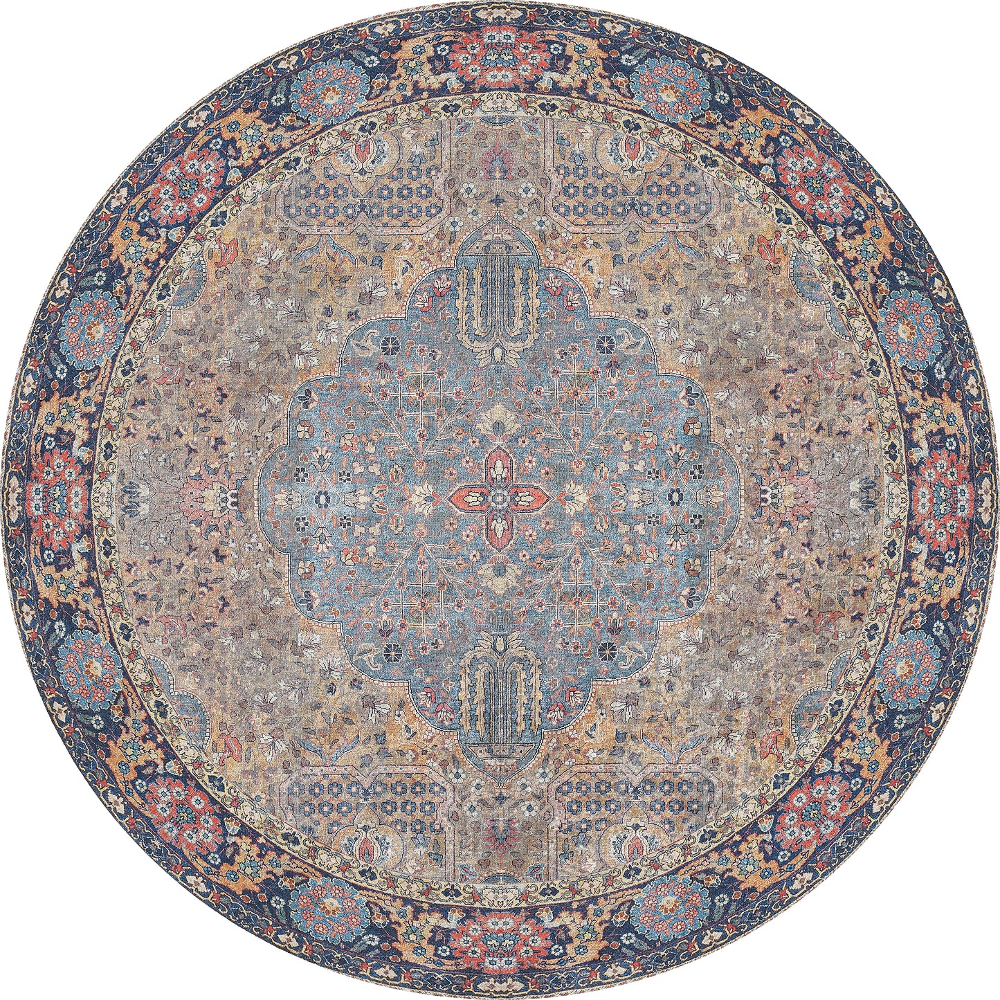 The Imperial Weave - Washable Rug - JR1969 is a round blue rug with beige and red tones, a central medallion, floral details, and a dark ornate border—perfect for high-traffic areas.