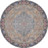 The Imperial Weave - Washable Rug - JR1969 is a round blue rug with beige and red tones, a central medallion, floral details, and a dark ornate border—perfect for high-traffic areas.