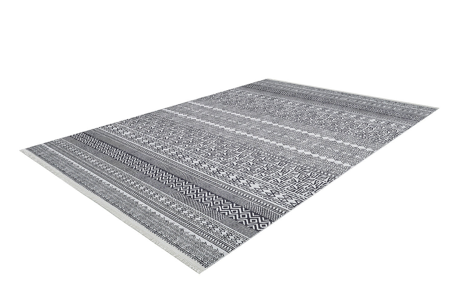 The Indie Impressions - Washable Rug - JR1648 (Custom Size) is a rectangular gray-anthracite flat-weave rug with black and white geometric and tribal horizontal stripe patterns, shown on a white background.