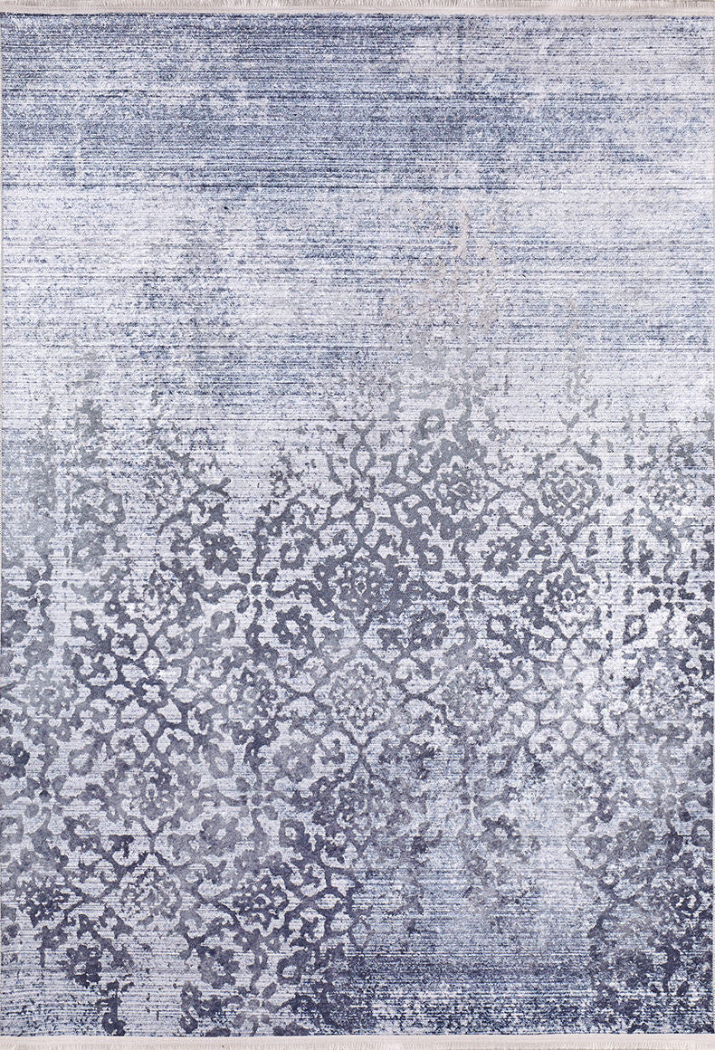 The Intricate Scroll - Washable Rug - JR342 (Custom Size) features a rectangular shape, faded blue and gray distressed pattern, ornate symmetrical designs that stand out at the bottom—ideal for high-traffic areas.