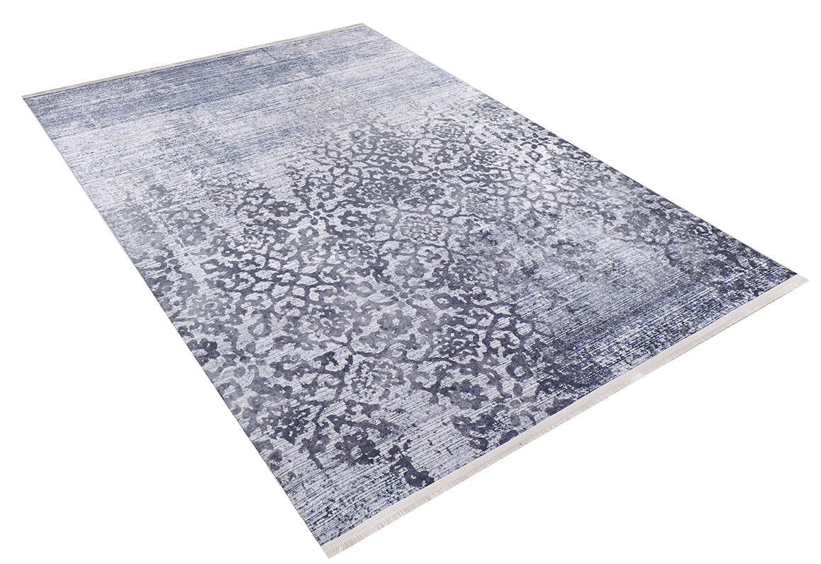 The Intricate Scroll - Washable Rug - JR342 (Custom Size) is a rectangular rug with a faded blue and gray floral-geometric pattern, ideal for high-traffic areas, shown on a white background.
