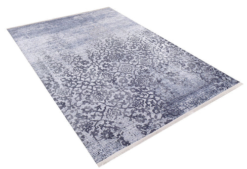 Load image 1 in gallery view. The Intricate Scroll - Washable Rug - JR342 (Custom Size) is a rectangular rug with a faded blue and gray floral-geometric pattern, ideal for high-traffic areas, shown on a white background.