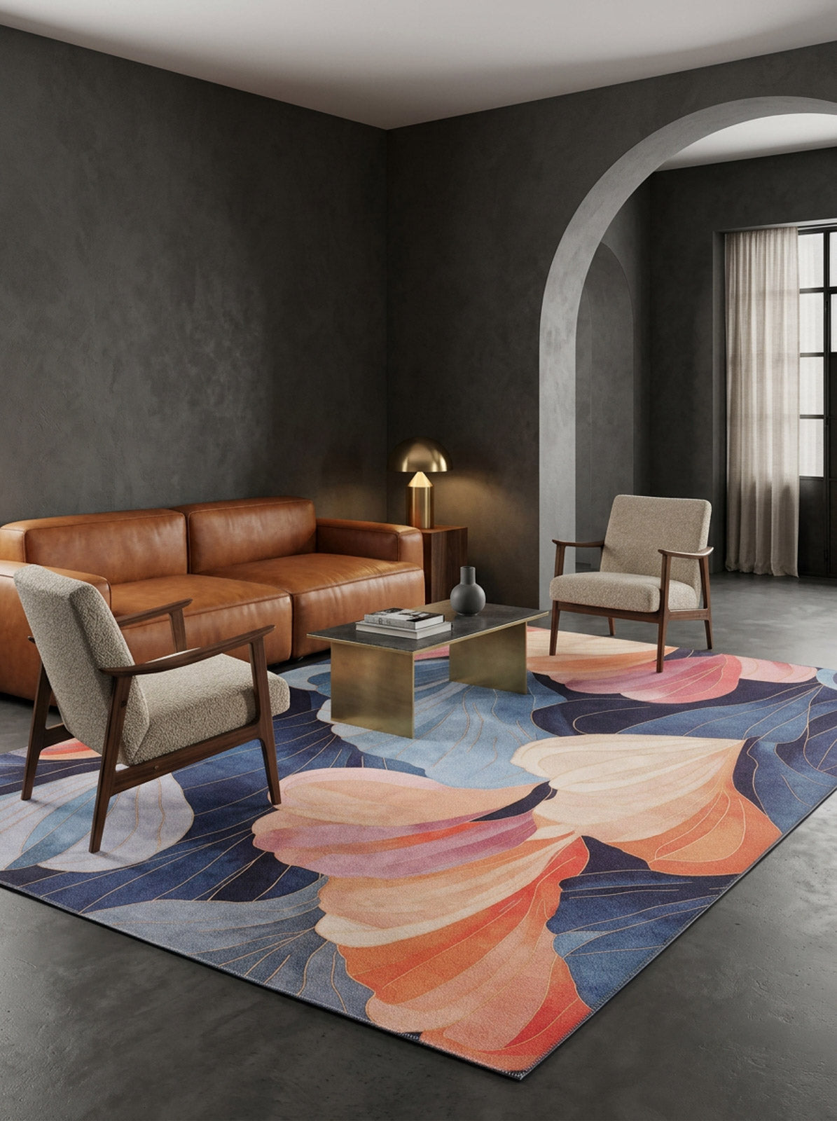 Modern living room with dark gray walls, brown leather sofa, 2 armchairs, a brass side table, and the Iris Abstract Floral Washable Rug - MDJ009 (Custom Size) featuring blue, pink & orange abstract patterns on the floor.