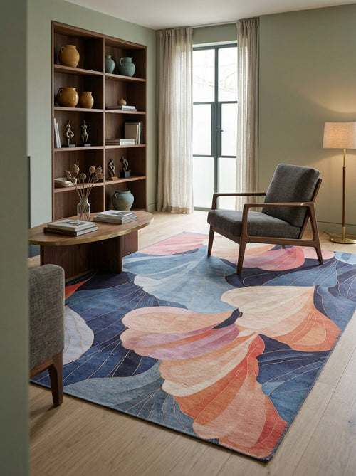 Bild 1 in Galerieansicht laden. Modern living room featuring the Iris Abstract Floral Washable Rug - MDJ009 with blue, pink, and orange shapes—ideal for high-traffic areas—plus an armchair, wooden coffee table, floor lamp, large window with light curtains, and a bookshelf.