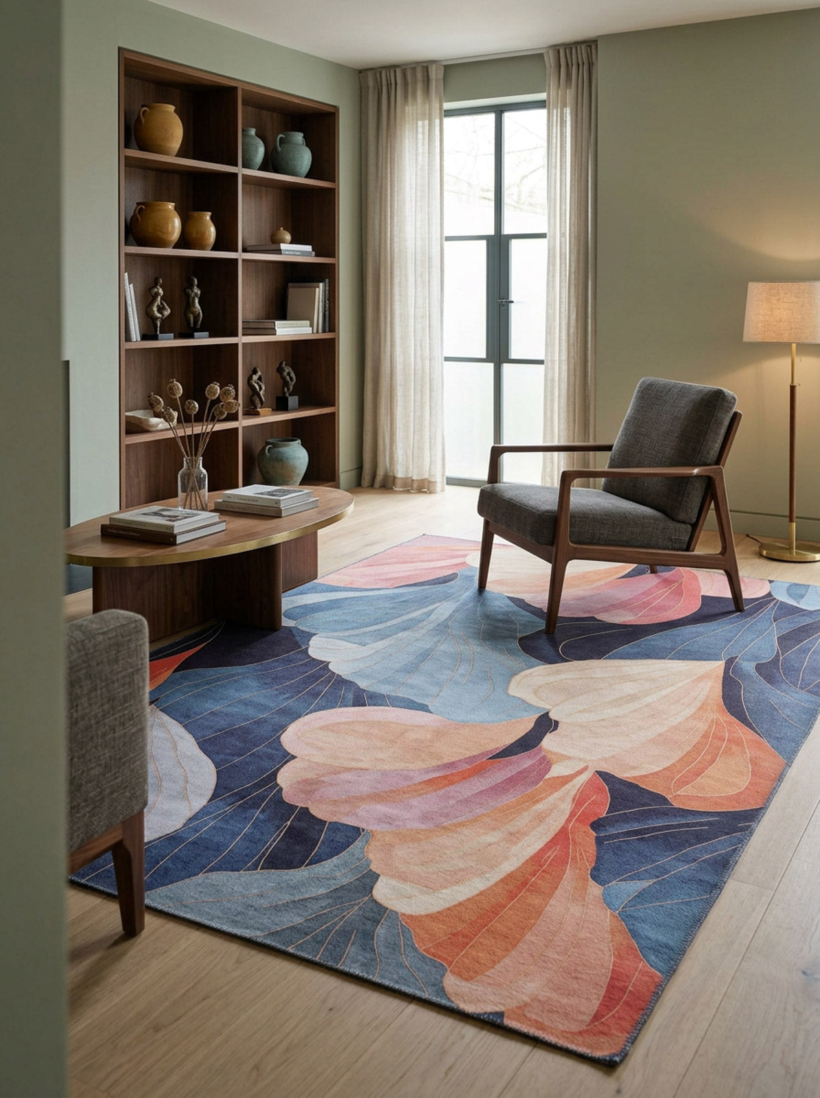 A modern living room with a wooden bookshelf, armchair, round coffee table, floor lamp, and the Iris Abstract Floral Washable Rug - MDJ009 in blue, pink, and peach—perfect for allergy-sensitive homes. Sunlight streams through tall sheer-curtained windows.