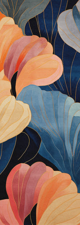 The Iris Abstract Floral Washable Rug - MDJ009 features overlapping leaves in peach, yellow, blue, and navy with gold accents—an eye-catching multicolor rug design that will elevate any space.